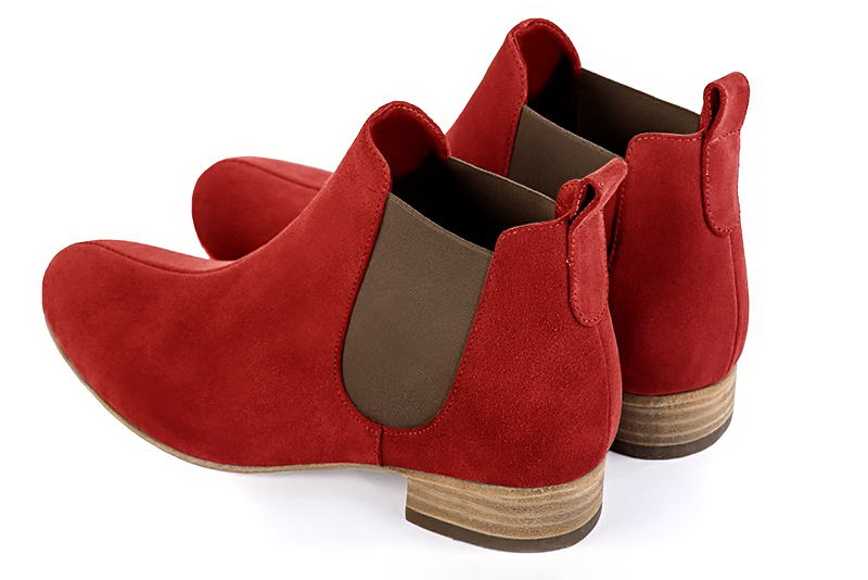 Scarlet red and taupe brown dress ankle boots for men. Round toe. Flat leather soles. Rear view - Florence KOOIJMAN